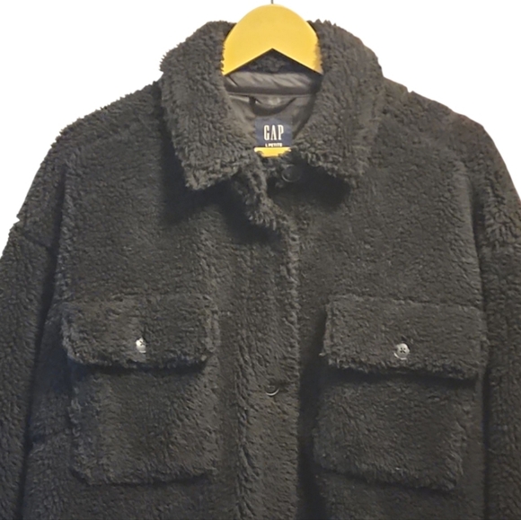 SOLD Gap Sherpa Teddy Coat Black Long Button Down Size Large Petite Oversized - Picture 4 of 6